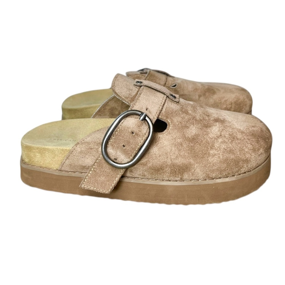 American Eagle Tan Faux Suede Slip On Clogs Western Buckle Womens Platform